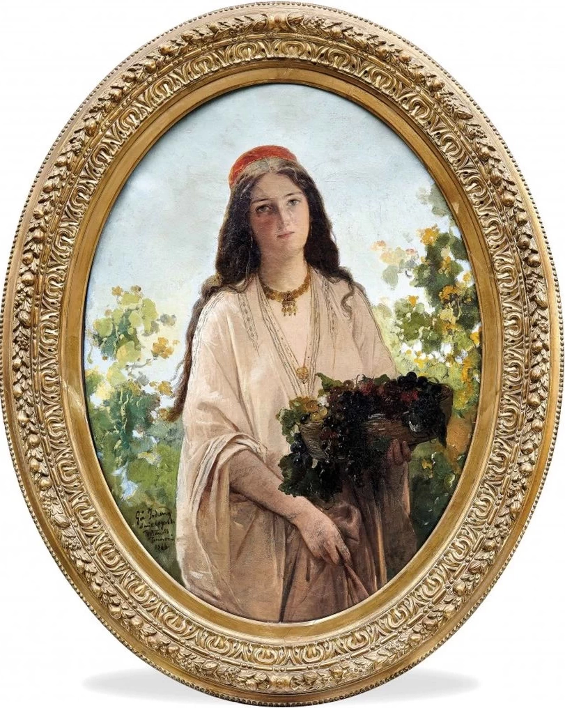 Giovane donna con cesto di frutta